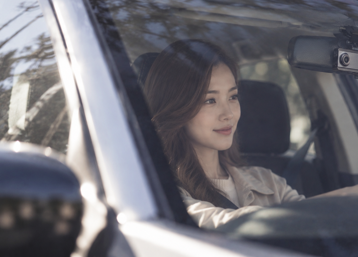 自然光が差し込む車内でハンドルを握る女性と、フロントガラス付近に設置されたドライブレコーダー