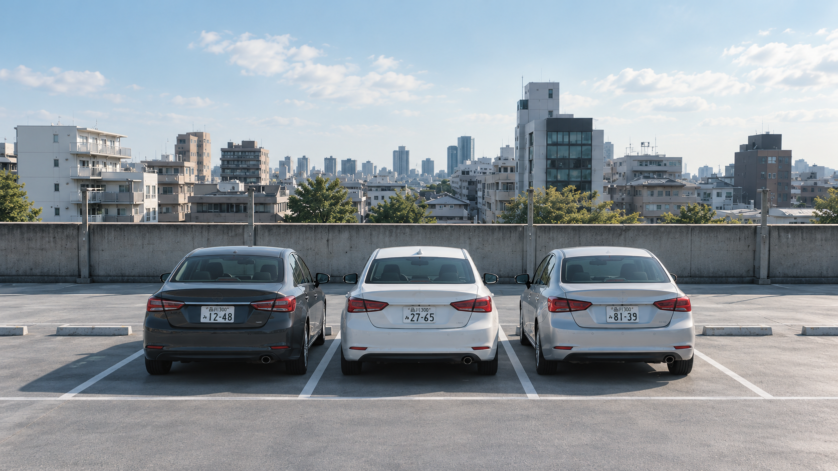 駐車場に停めた3台のクルマのイメージ